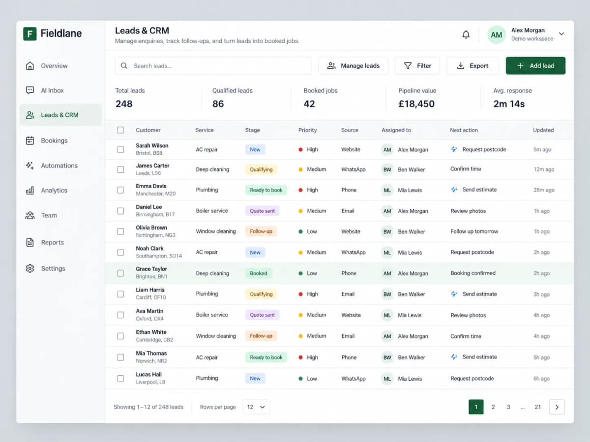 FieldLine AI lead qualification, automated booking, and CRM pipeline dashboard